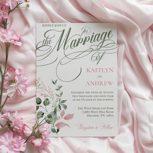 Convites Casamento Floral Elegante Rosa e Sage (Pink and sage elegant typography floral wedding invitations)