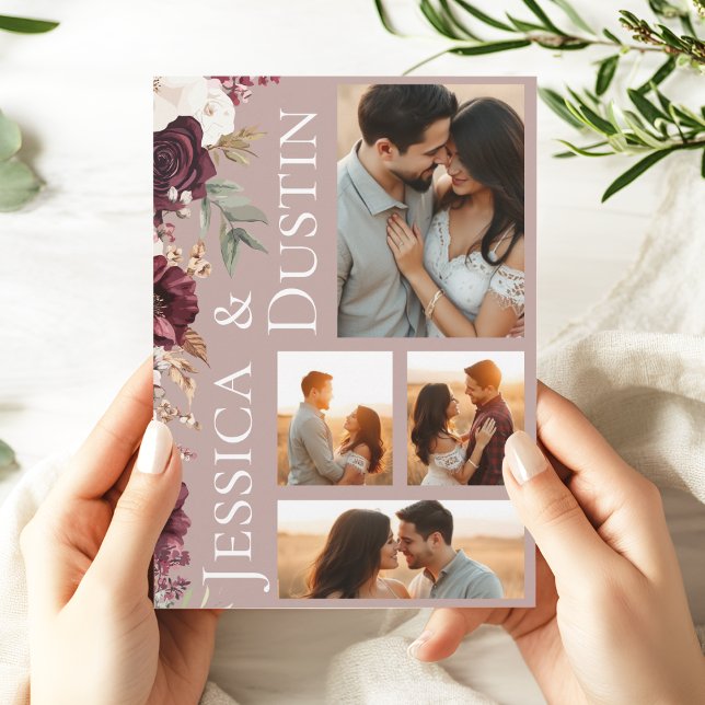 Convites Casamento Floral Elegante, Rosa, Rosa, (Modern Burgundy Dusty Rose Photo Collage Wedding Invitation
)