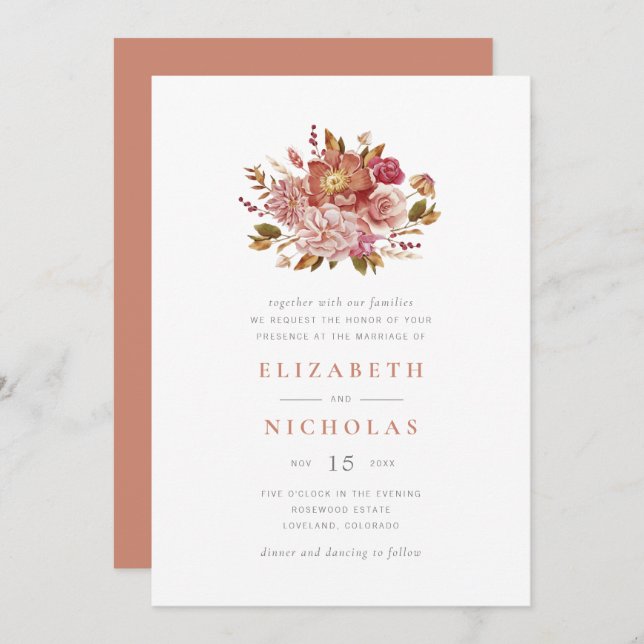 Convites Casamento Floral Elegante Terracotta Watercolor (Frente/Verso)