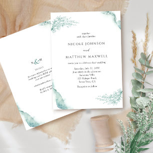 Convites Casamento Floral Elegante, Verde, Aquarela Sage