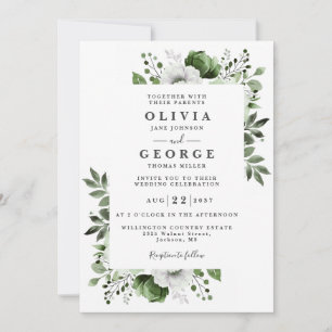 Convites Casamento Floral Elegante Verde Oliva Código QR