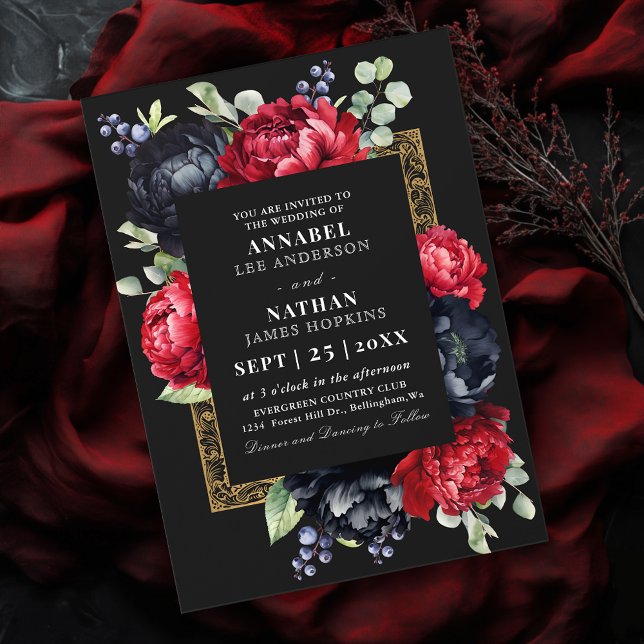 Convites Casamento Floral Elegante Vermelho e Negro (Criador carregado)