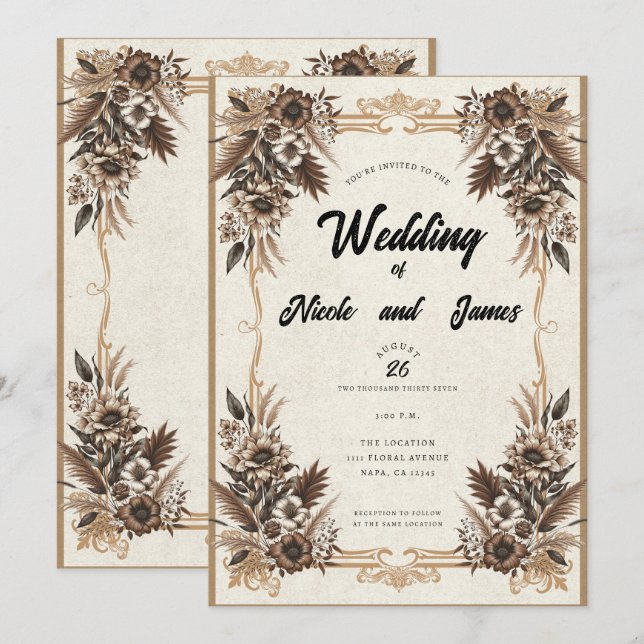 Convites Casamento Floral Elegante Vintage Bohemian (Frente/Verso)
