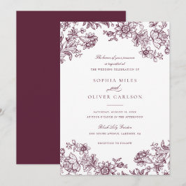 Convites Casamento Floral Elegante Vintage Burgundy