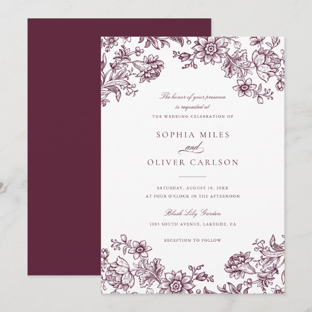 Convites Casamento Floral Elegante Vintage Burgundy (Frente/Verso)