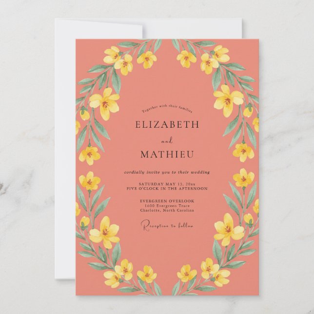 Convites Casamento Floral em Amarelo Coral (Frente)