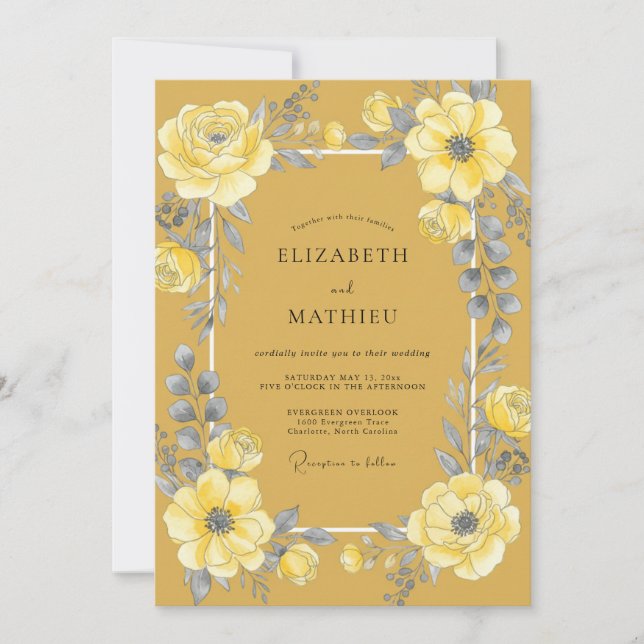 Convites Casamento Floral em Amarelo Mostarda (Frente)