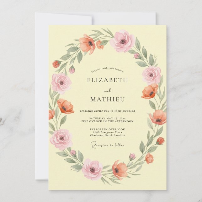 Convites Casamento Floral em Amarelo Suave de Pêssego (Frente)