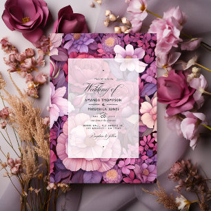 Convites Casamento Floral em Ameixa, Malva e Dourado Rosa