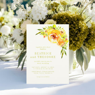 Convites Casamento Floral em Aquarela Amarela e Verde Elega