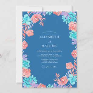 Convites Casamento Floral em Aquarela Azul Aço Coral