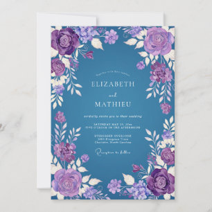 Convites Casamento Floral em Aquarela Azul Aço Violeta