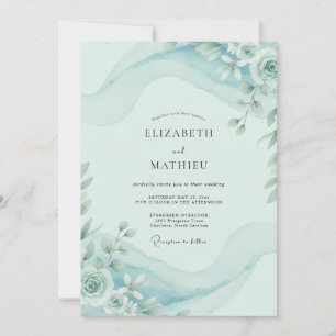 Convites Casamento Floral em Aquarela Azul Céu