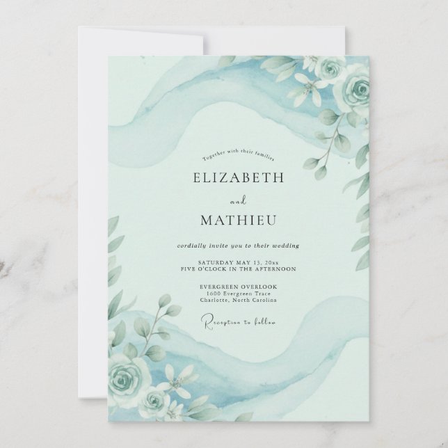 Convites Casamento Floral em Aquarela Azul Céu (Frente)