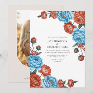 Convites Casamento Floral em Aquarela Azul Céu e Terracota