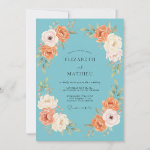 Convites Casamento Floral em Aquarela Azul Claro e Pêssego