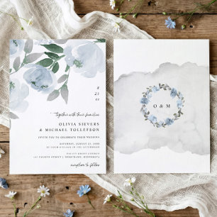 Convites Casamento Floral em Aquarela Azul Desbotada