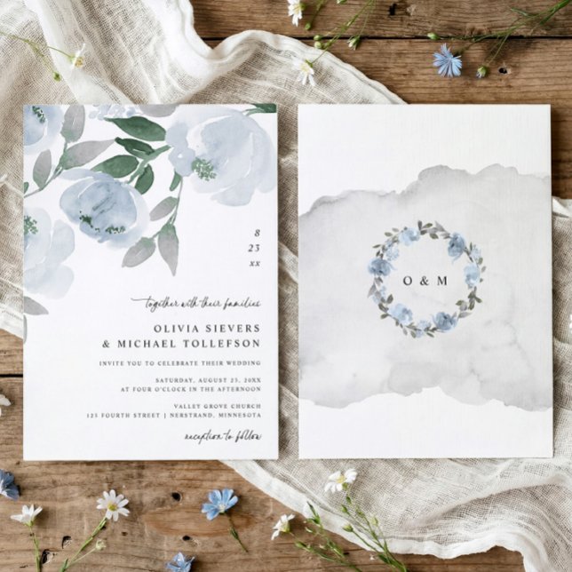 Convites Casamento Floral em Aquarela Azul Desbotada (Dusty blue watercolor floral wedding invitation with soft blue and gray flowers and elegant script)