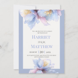 Convites Casamento Floral em Aquarela Azul Desbotado e Lava