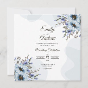Convites Casamento Floral em Aquarela Azul Desbotado na Pri