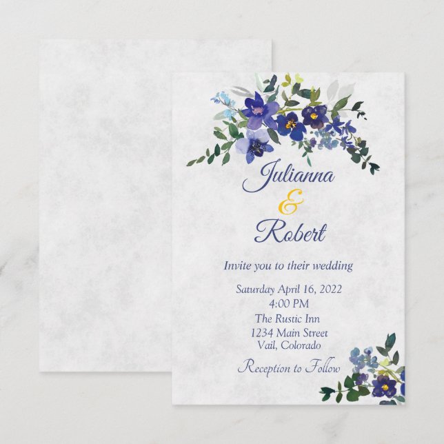 Convites Casamento floral em aquarela azul e amarelo (Frente/Verso)
