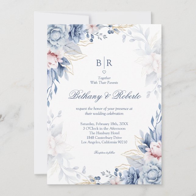 Convites Casamento Floral em Aquarela Azul e Dourado Elegan (Frente)