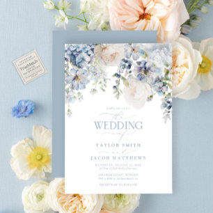 Convites Casamento Floral em Aquarela Azul Elegante