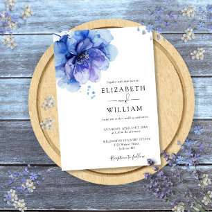 Convites Casamento Floral em Aquarela Azul Empoeirado Moder