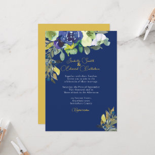 Convites Casamento Floral em Aquarela Azul Escuro Nobre