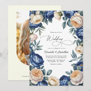 Convites Casamento Floral em Aquarela Azul Francês e Marfim