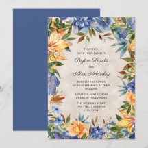 Casamento Floral em Aquarela Azul Laranja Elegante