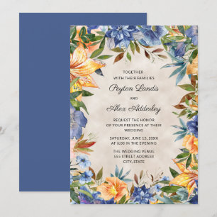 Convites Casamento Floral em Aquarela Azul Laranja Elegante