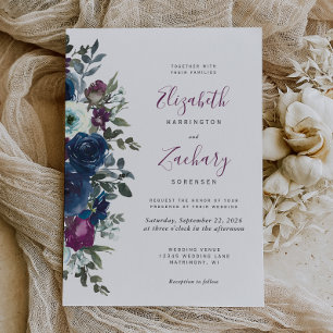 Convites Casamento Floral em Aquarela Azul-Marinho Ameixa