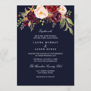 Convites Casamento Floral em Aquarela Azul Marinho Bege