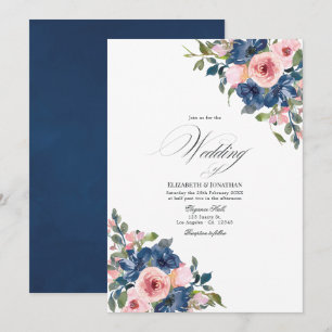 Convites Casamento Floral em Aquarela Azul Marinho e Bege