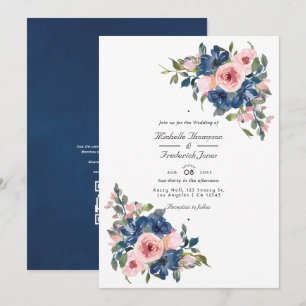 Convites Casamento Floral em Aquarela Azul Marinho e Bege c