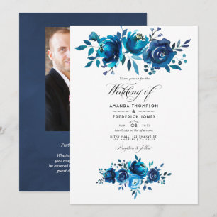 Convites Casamento Floral em Aquarela Azul Marinho e Branco