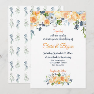 Convites Casamento Floral em Aquarela Azul Marinho e Coral