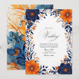 Convites Casamento Floral em Aquarela Azul Marinho e Laranj