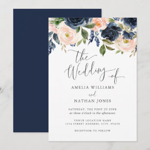 Convites Casamento Floral em Aquarela Azul Marinho Rosado