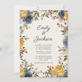 Convites Casamento Floral em Aquarela Azul Naval Amarelo Fo