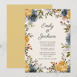 Convites Casamento Floral em Aquarela Azul Naval Amarelo Fo
