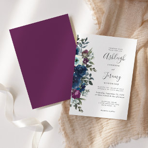 Convites Casamento Floral em Aquarela Azul Naval Ameixa