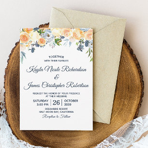 Convites Casamento Floral em Aquarela Azul Naval e Pêssego