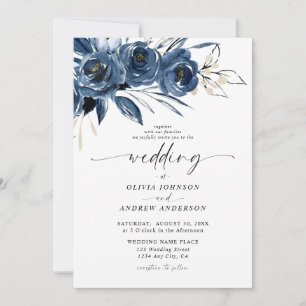 Convites Casamento Floral em Aquarela Azul Naval Elegante