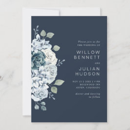 Convites Casamento Floral em Aquarela Azul Naval Moderno