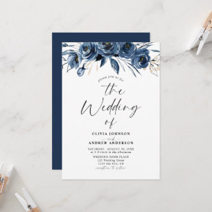 Convites Casamento Floral em Aquarela Azul Naval Moderno e