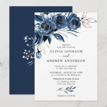 Casamento Floral em Aquarela Azul Naval Prateado E