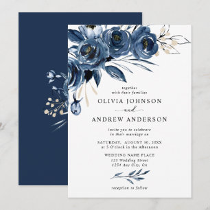 Convites Casamento Floral em Aquarela Azul Naval Prateado E