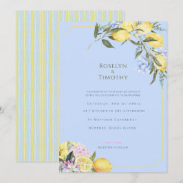 Convites Casamento Floral em Aquarela Azul Pastel Cítrico